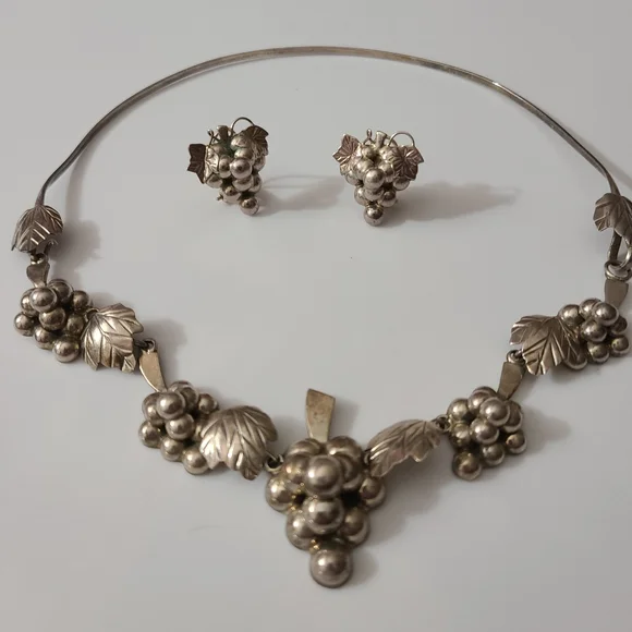 925 Vintage Grapes Taxco Mexico Necklace Earrings Sterling Silver Choker Estate - Picture 4 of 16